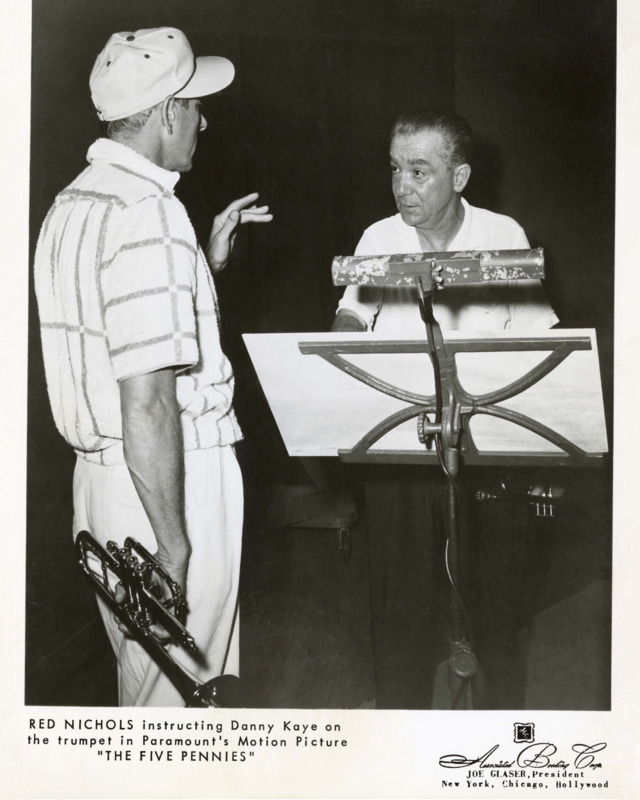 Red Nichols instructing Danny Kaye on the trumpet